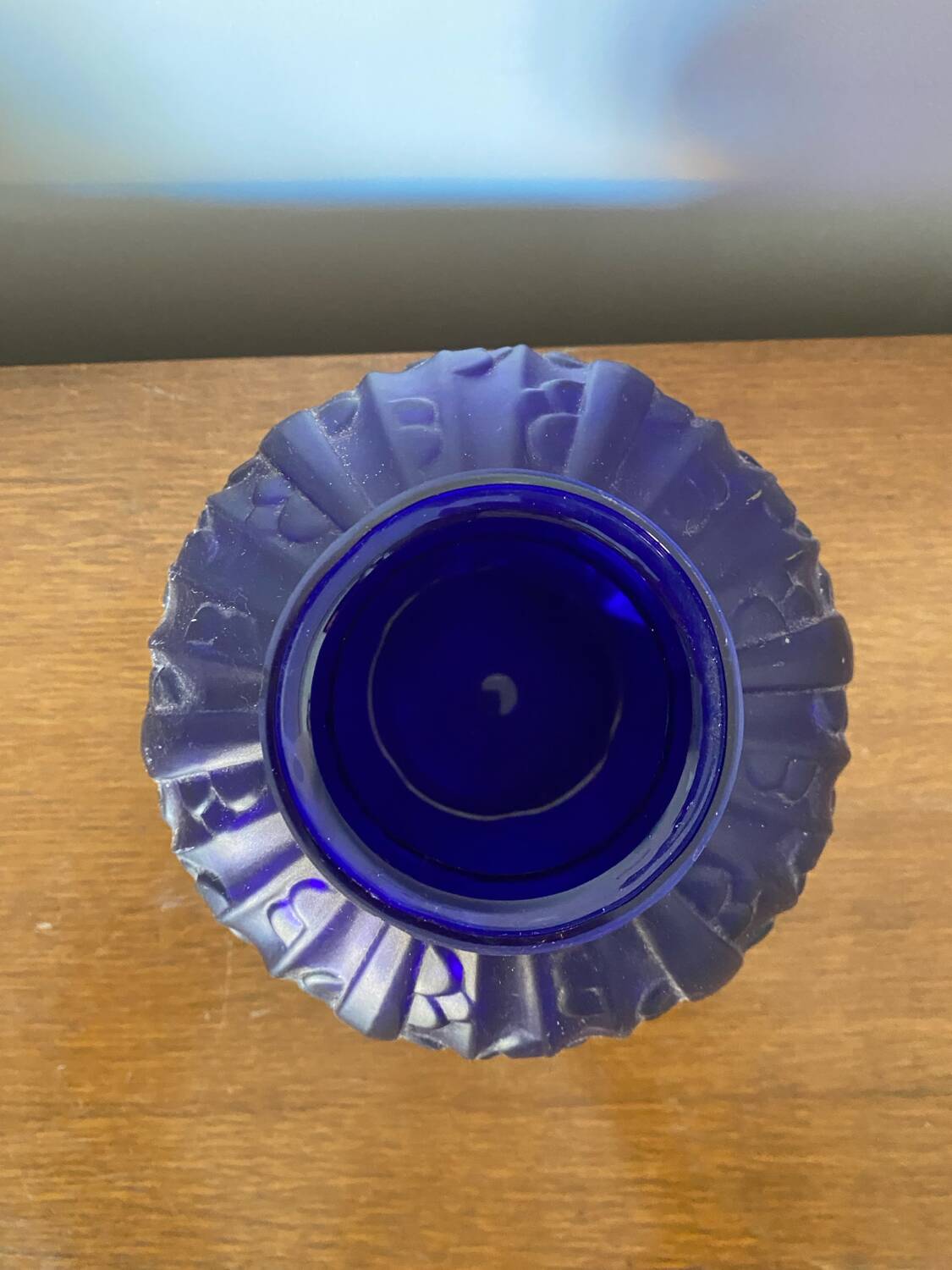 Antique Art Deco Ball Vase Molded Glass Czech Blue Vintage Decoration