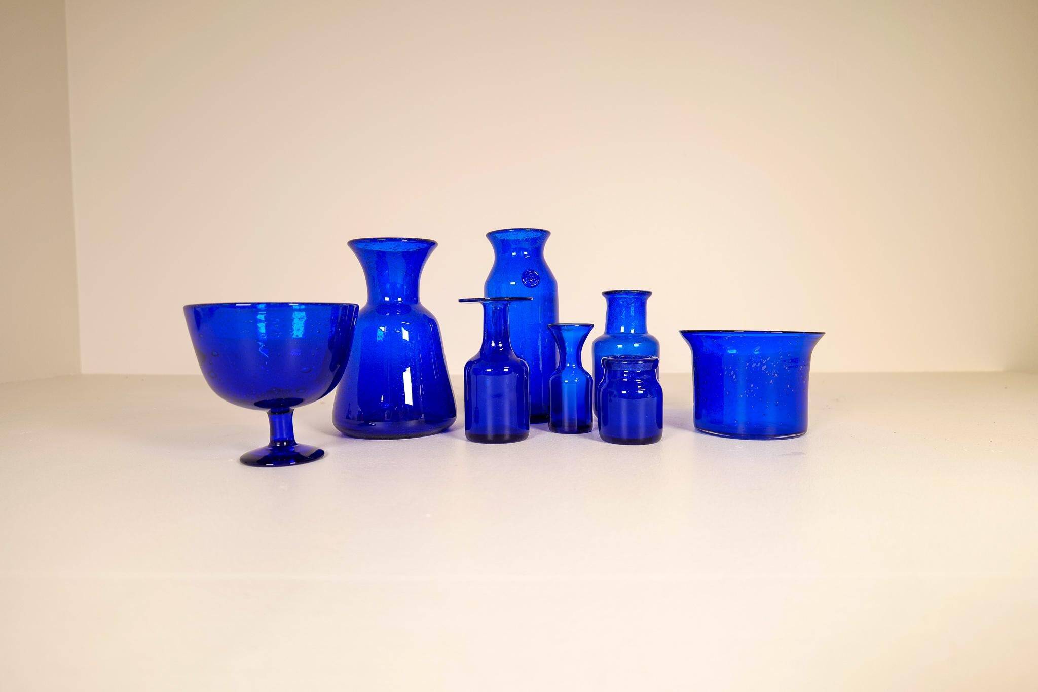 Midcentury collection of eight blue vases by Erik Höglund, Sweden, 1960s.