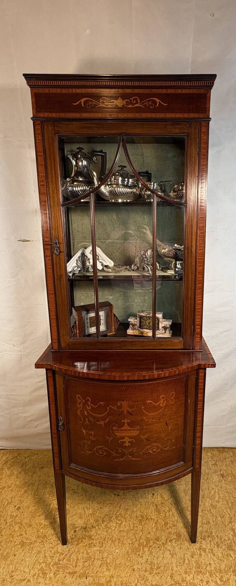 Stunning Antique Edwardian Inlaid Mahogany Bow-Front Silver Display Cabinet