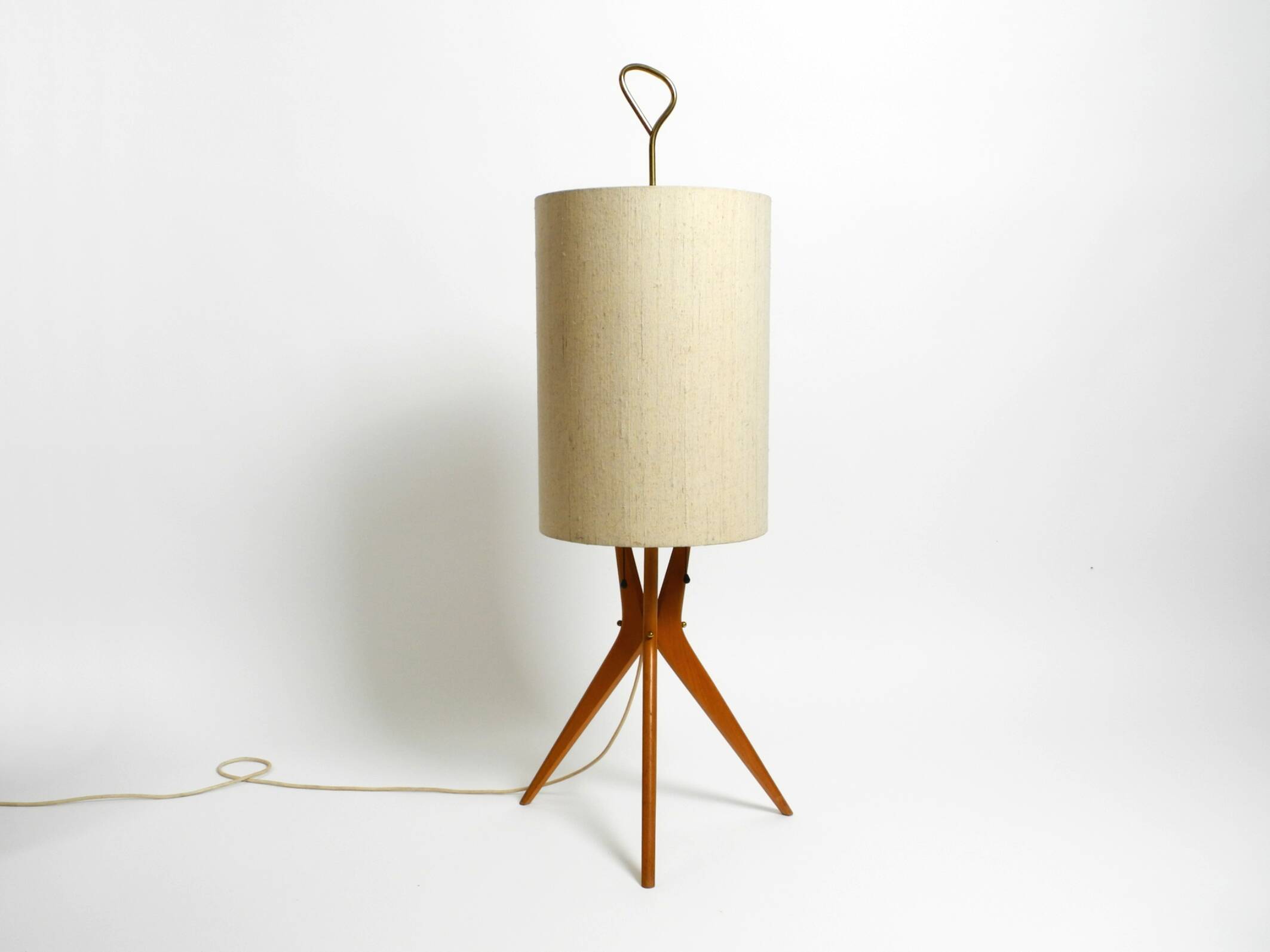 Mid Century Modern tripod walnut wood floor lamp with large fabric shade
