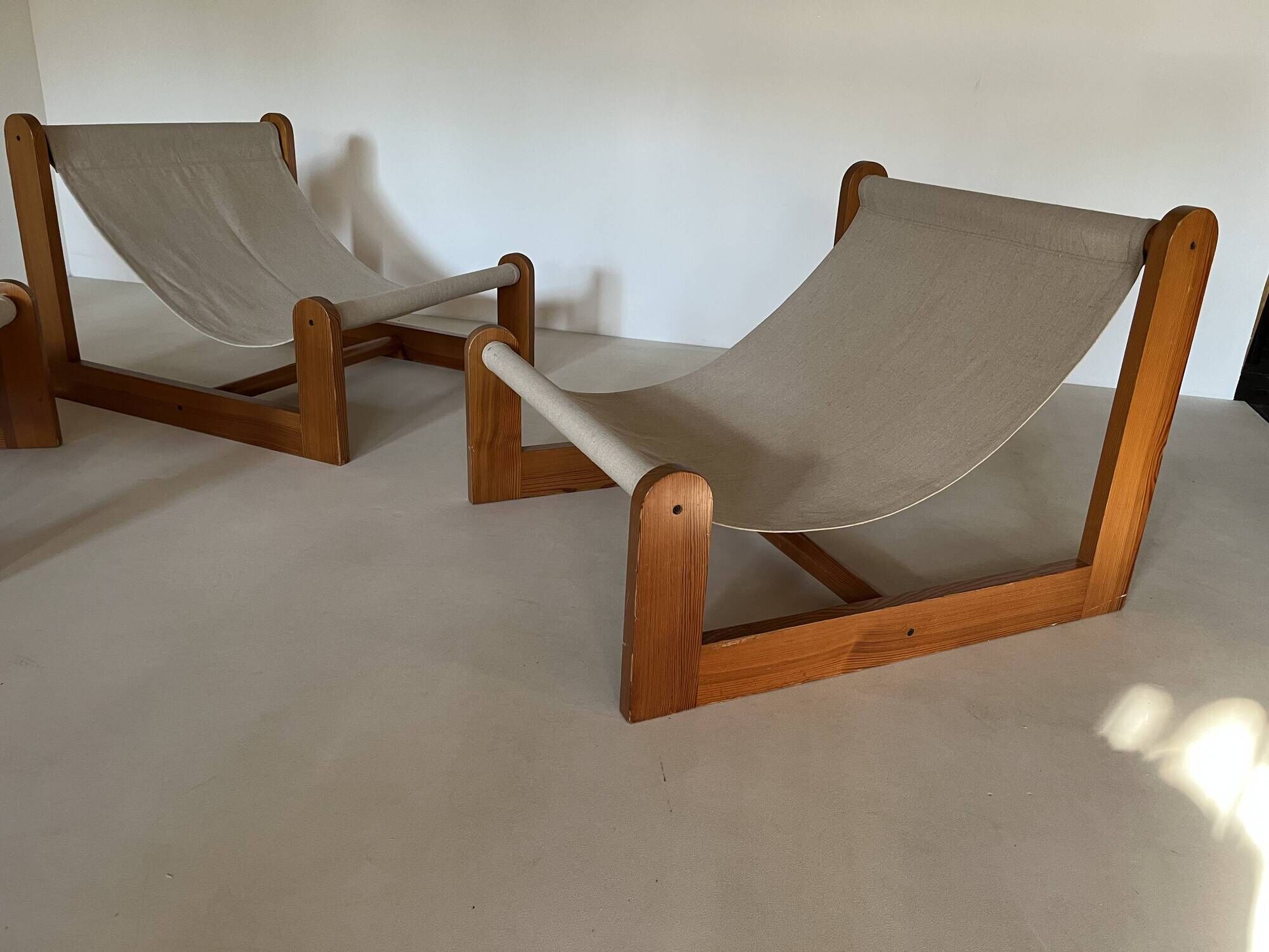 Sling chair in pine, canvas and sheepskin, 1970s