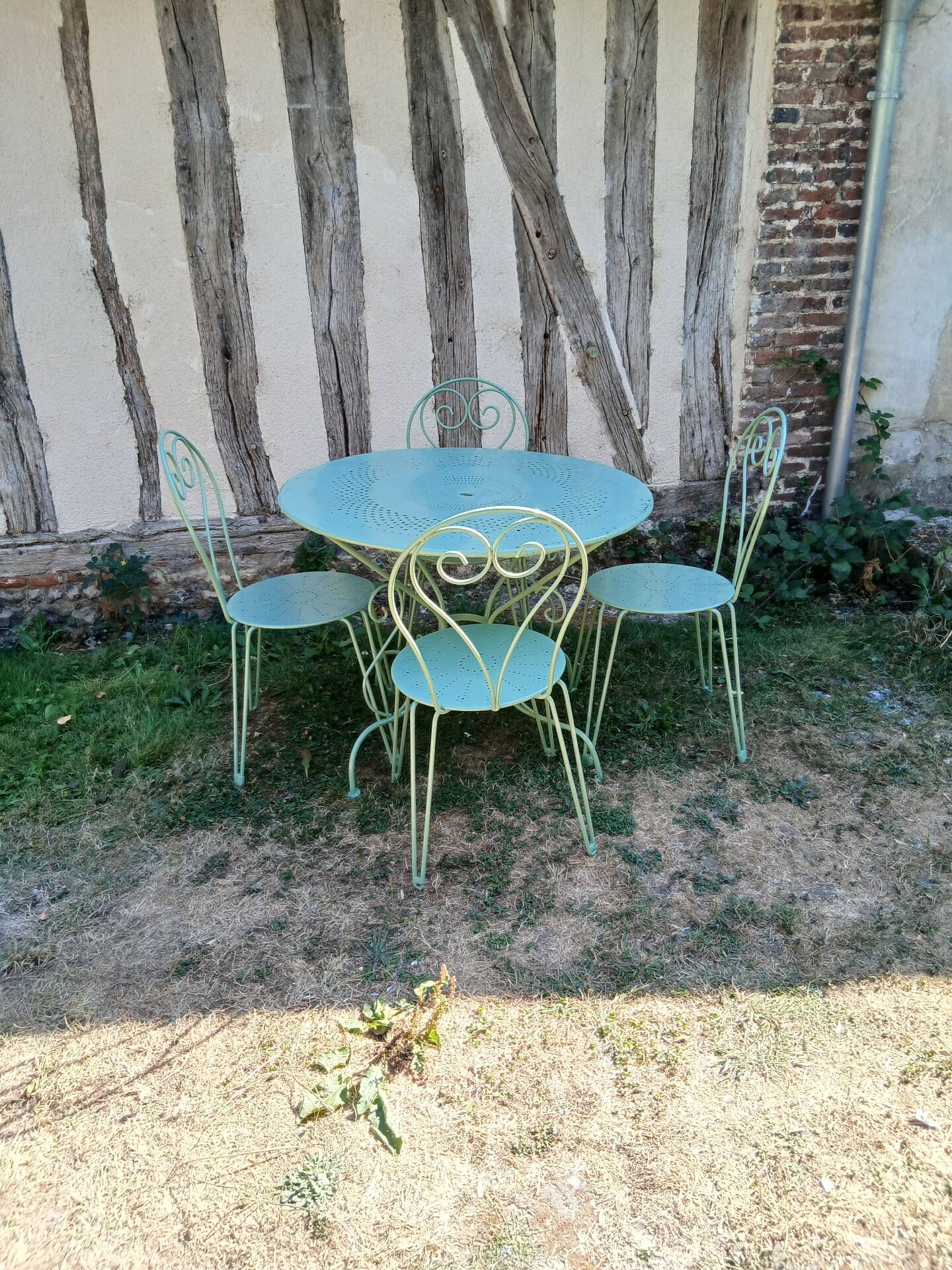 Salon de jardin 1 table 4 chaises fer forgé ancien vert Provence