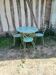Garden furniture set with 1 table and 4 chairs, antique green wrought iron, Provence style.