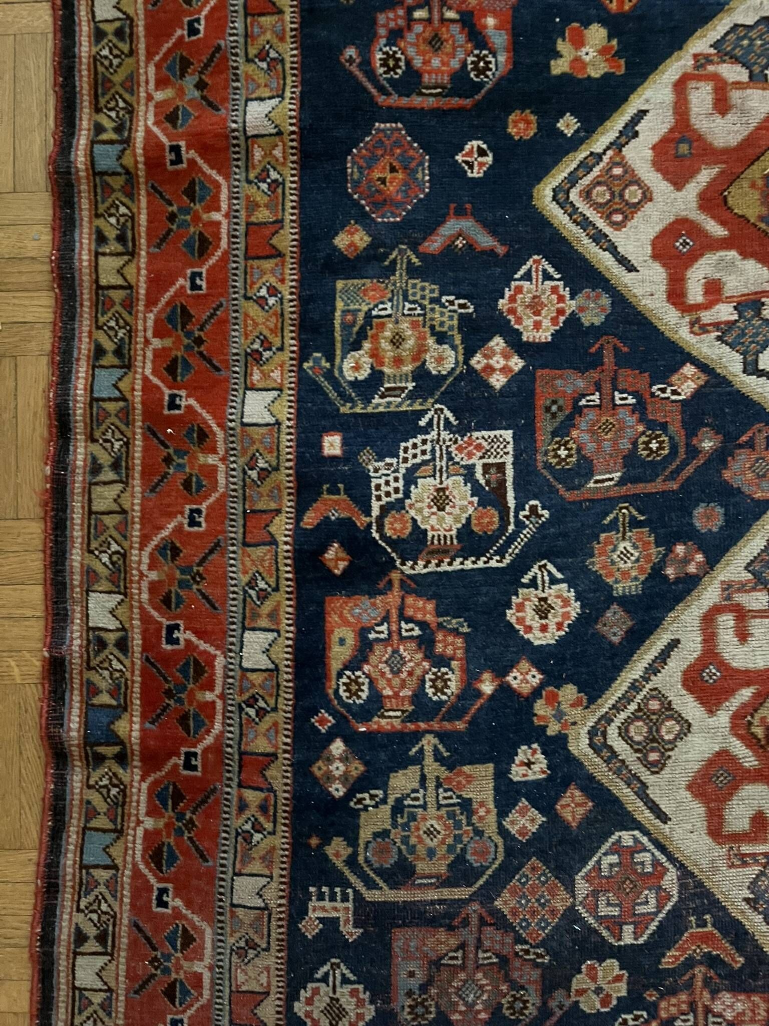 Antique handmade Persian Qashqai nomadic rug – blue background 94x112cm