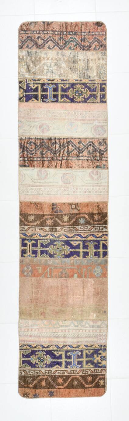 2x8 Short Blue Beige Vintage Runner Rug, 58x250Cm