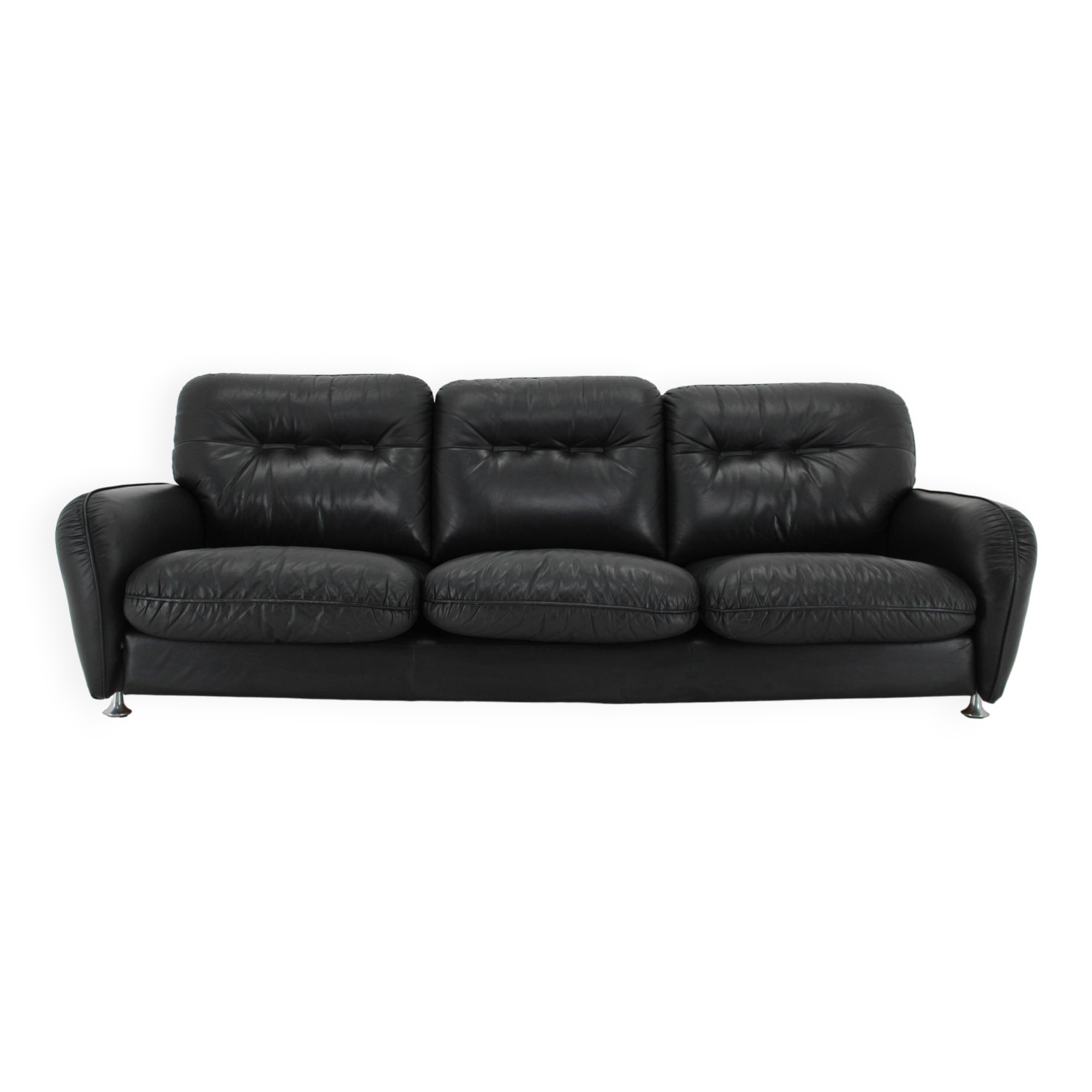 1970s 3-Seater Sofa in Black Leather,Italy