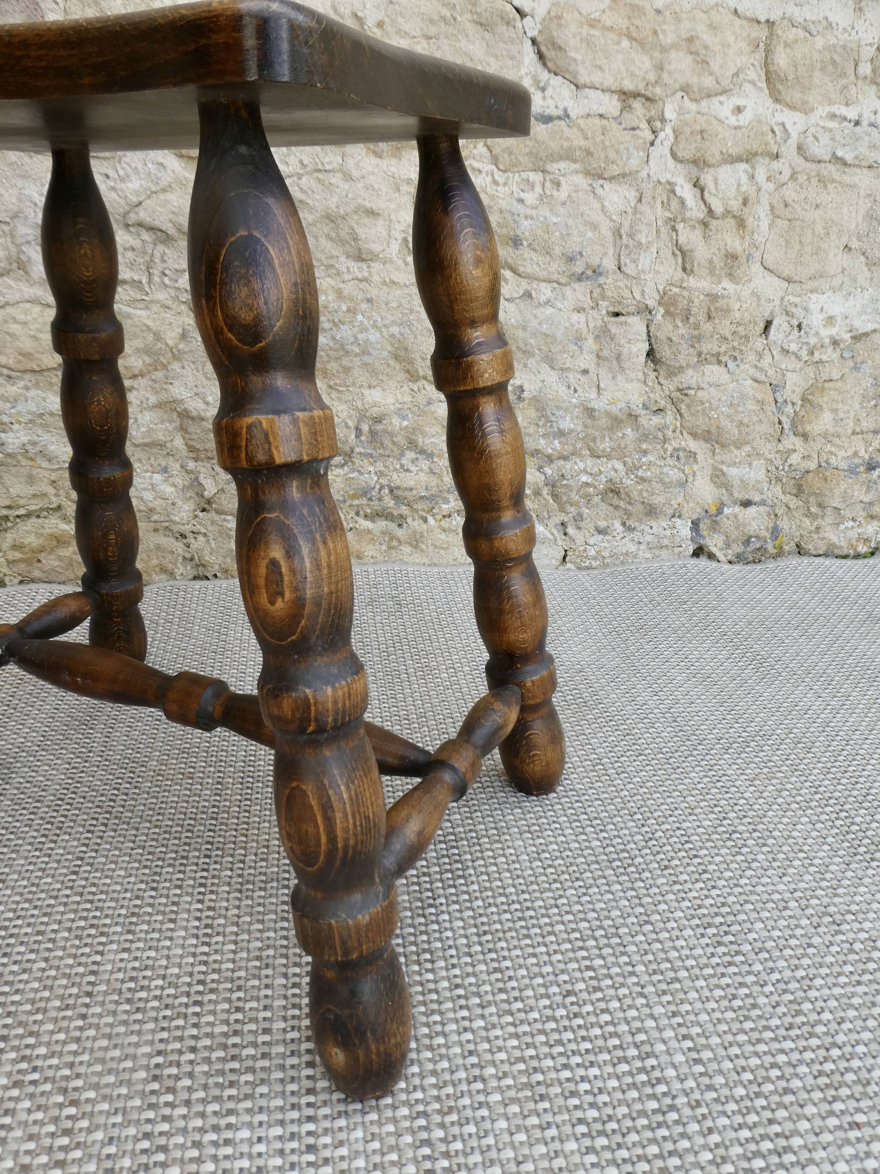 Solid wood stool, carved legs, 60s