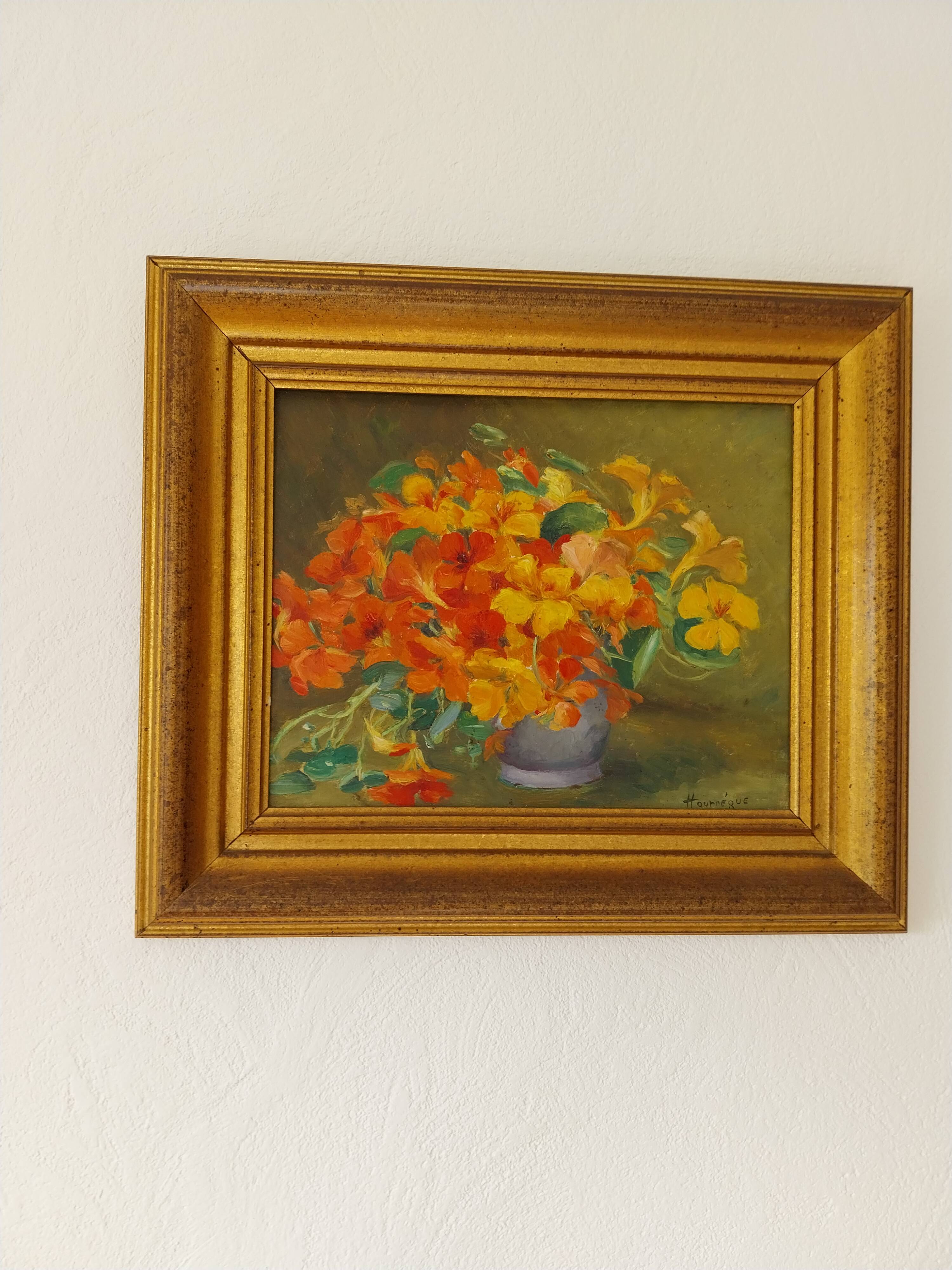 Huile sur panneau vintage signée Hourregue - bouquet de fleurs