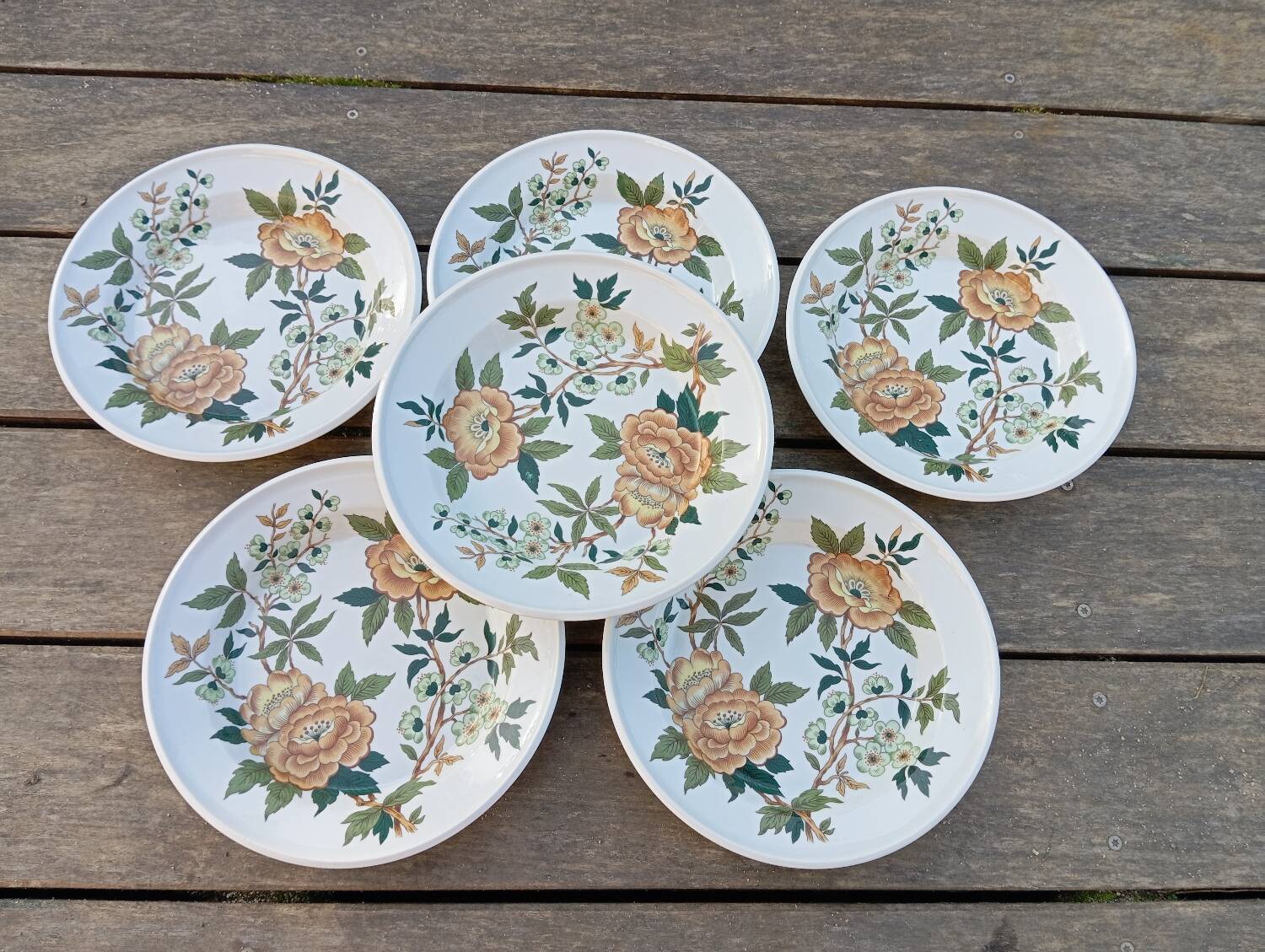 6 soup plates with orange and green flowers, Sologne porcelain, vintage