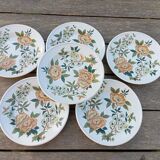 6 soup plates with orange and green flowers, Sologne porcelain, vintage