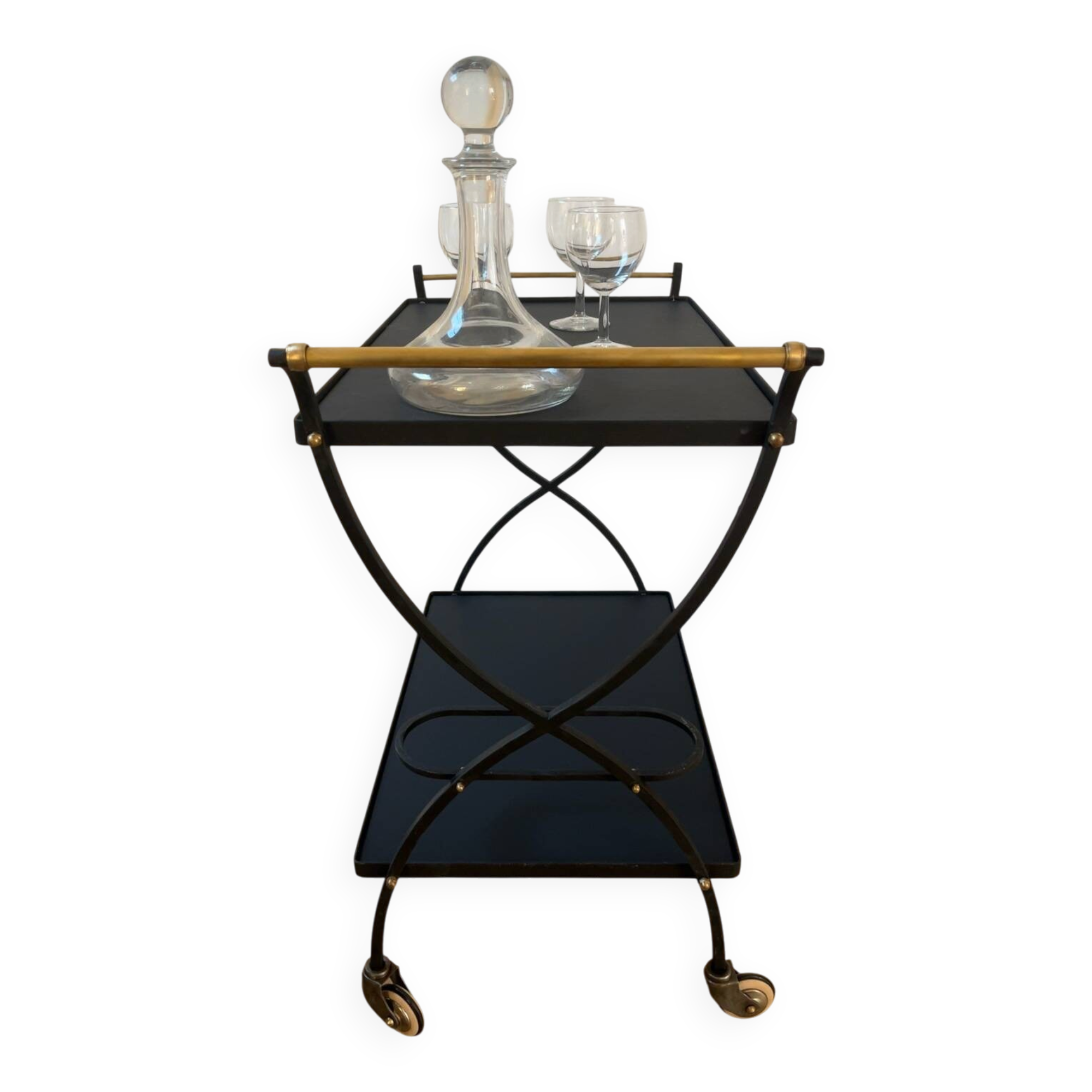 Vintage design black metal and brass rolling dessert trolley – Fully restored