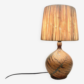 Lampe en grés vintage artiste Alain Blanchard 1970 fougère abat-jour corde raphia campagne