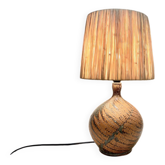 Vintage sandstone lamp artist Alain Blanchard 1970 fern country raffia rope lampshade