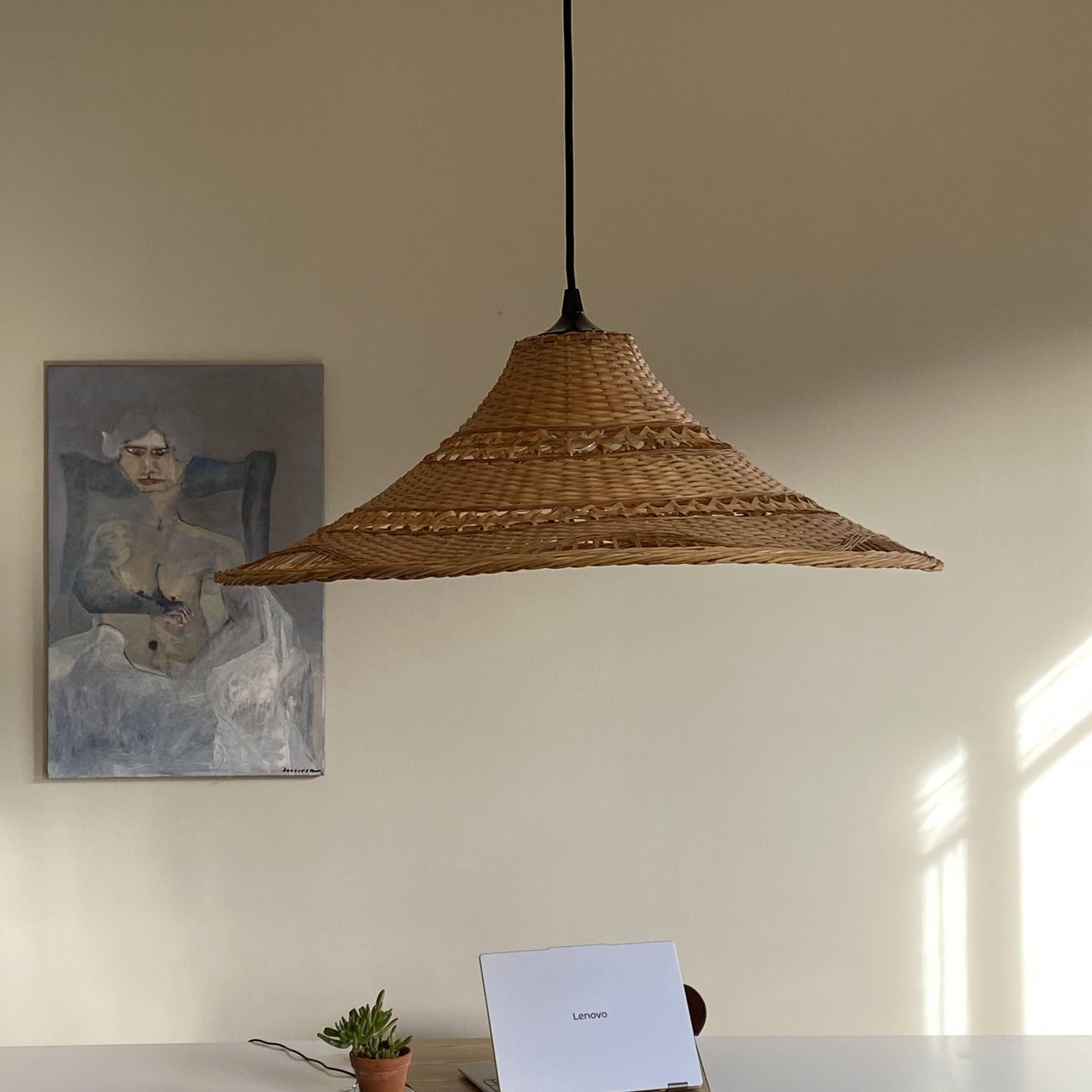 Very large vintage rattan pendant light.