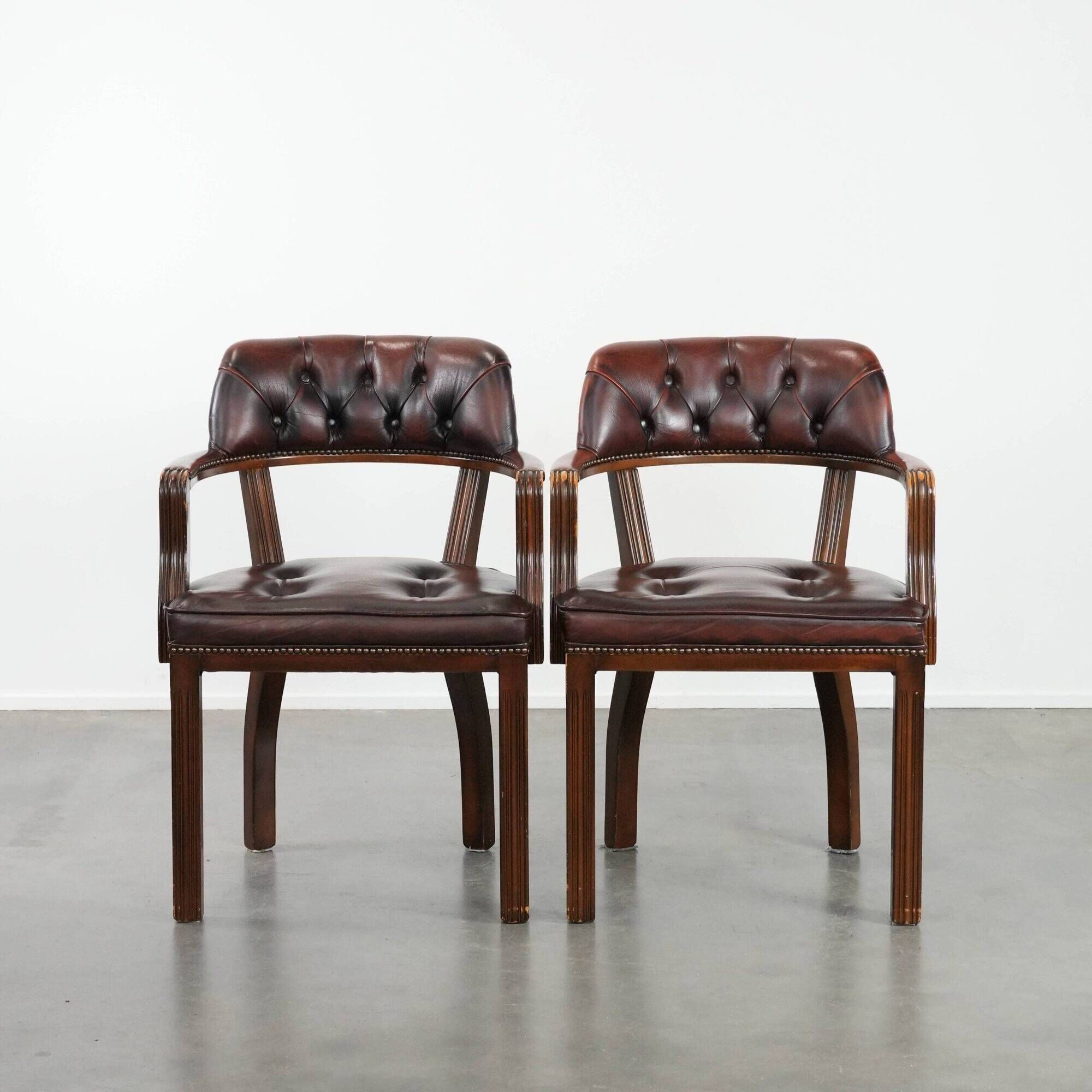 Set of two brown leather Chesterfield dining chairs in English style.