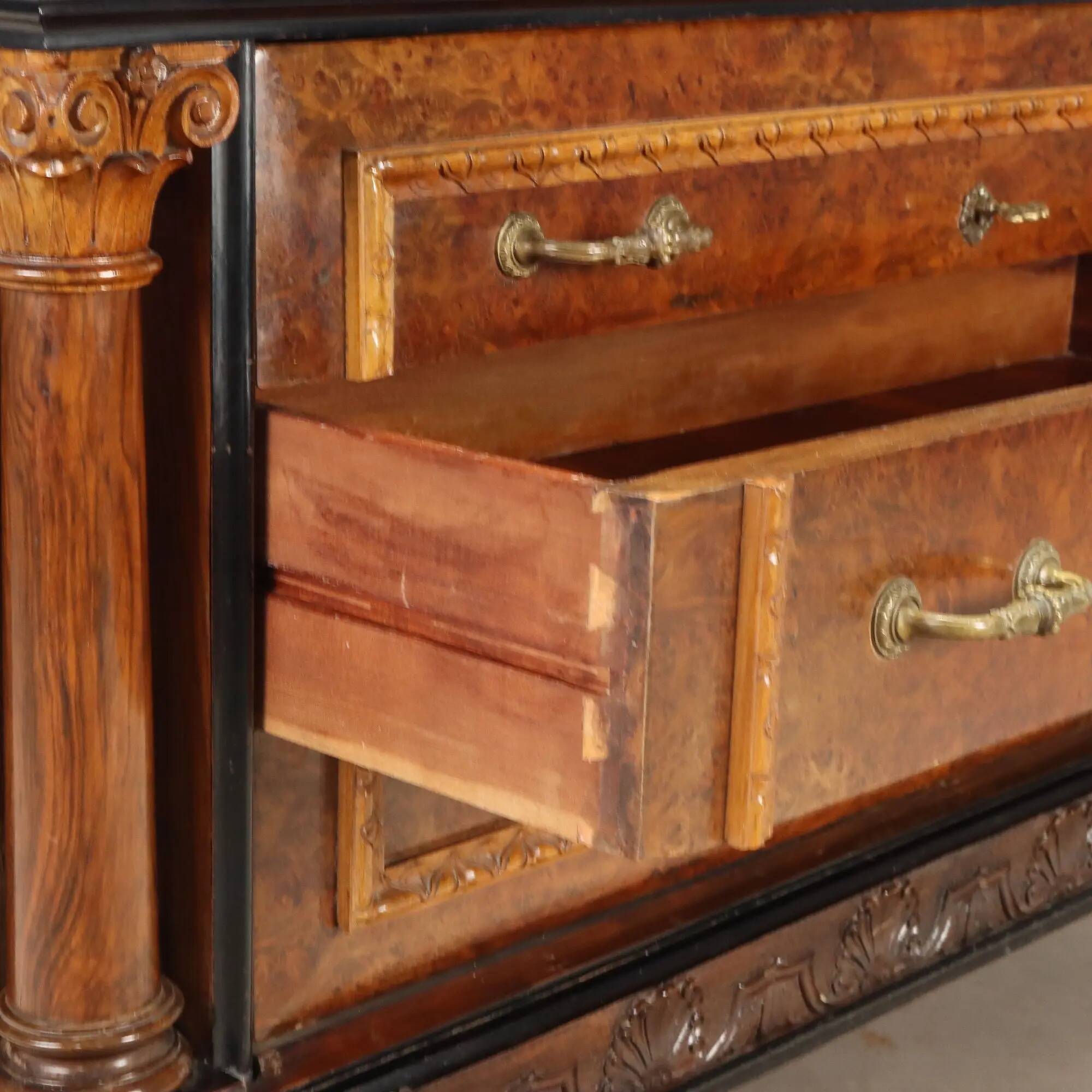 Antique walnut burl commode with marble top, Italy, 20th century.