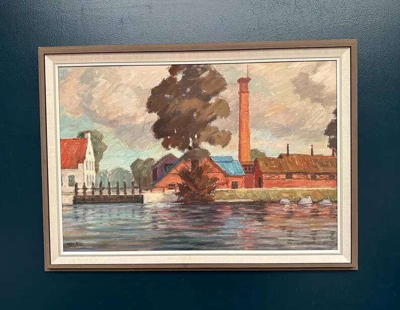 Original Swedish Oil on Panel - "Coastal Village" by Helge Andersson - Dated 1965 - Framed - 86 × 64 cm
