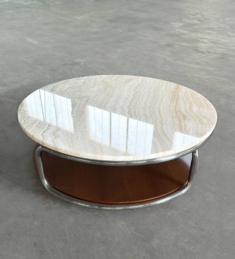 Table basse vintage onyx ivoire chrome et bois