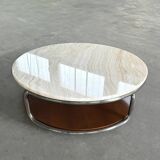 Table basse vintage onyx ivoire chrome et bois
