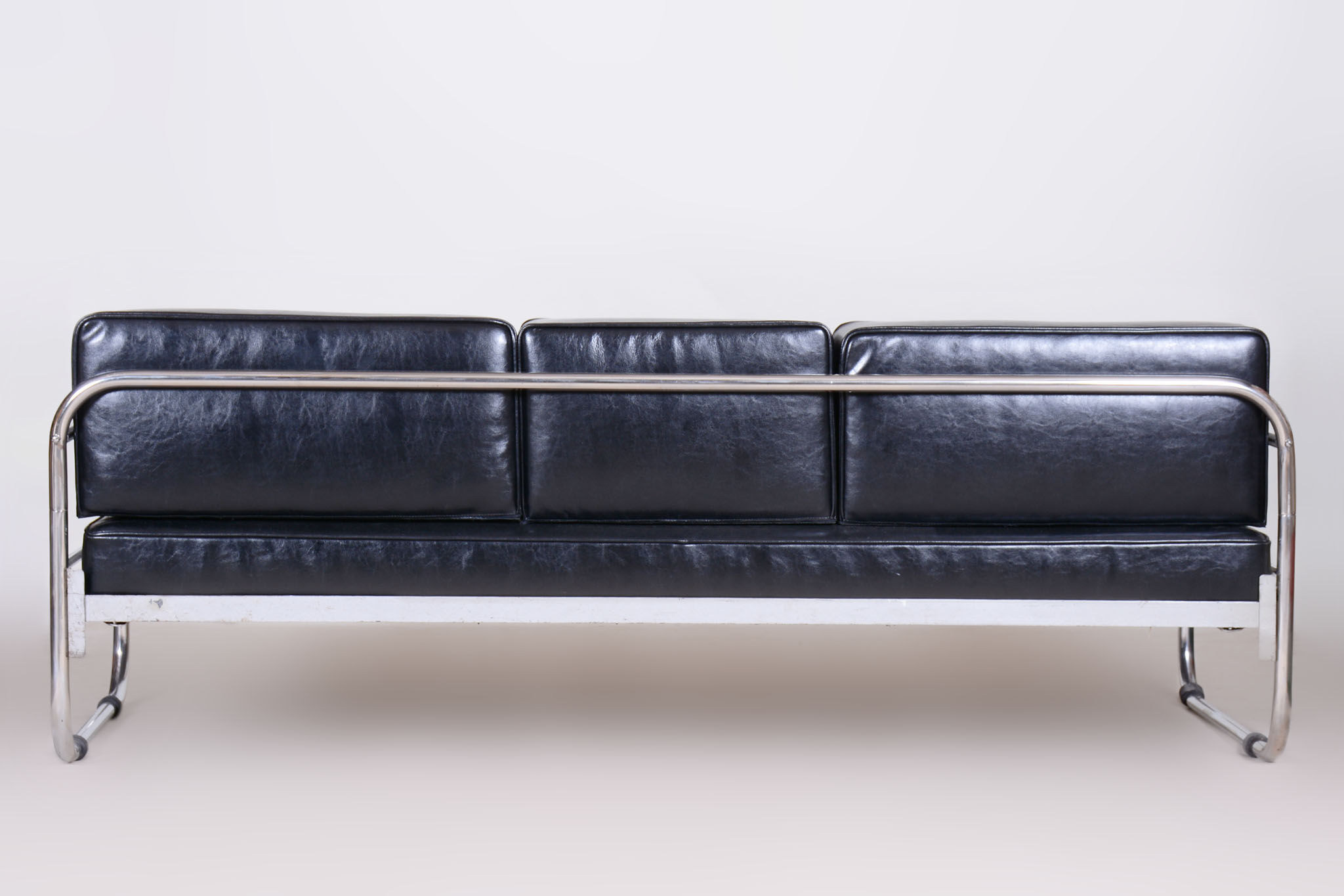 Restored black bauhaus sofa, robert slezak, high-quality leather, chrome-plated steel, 1930s