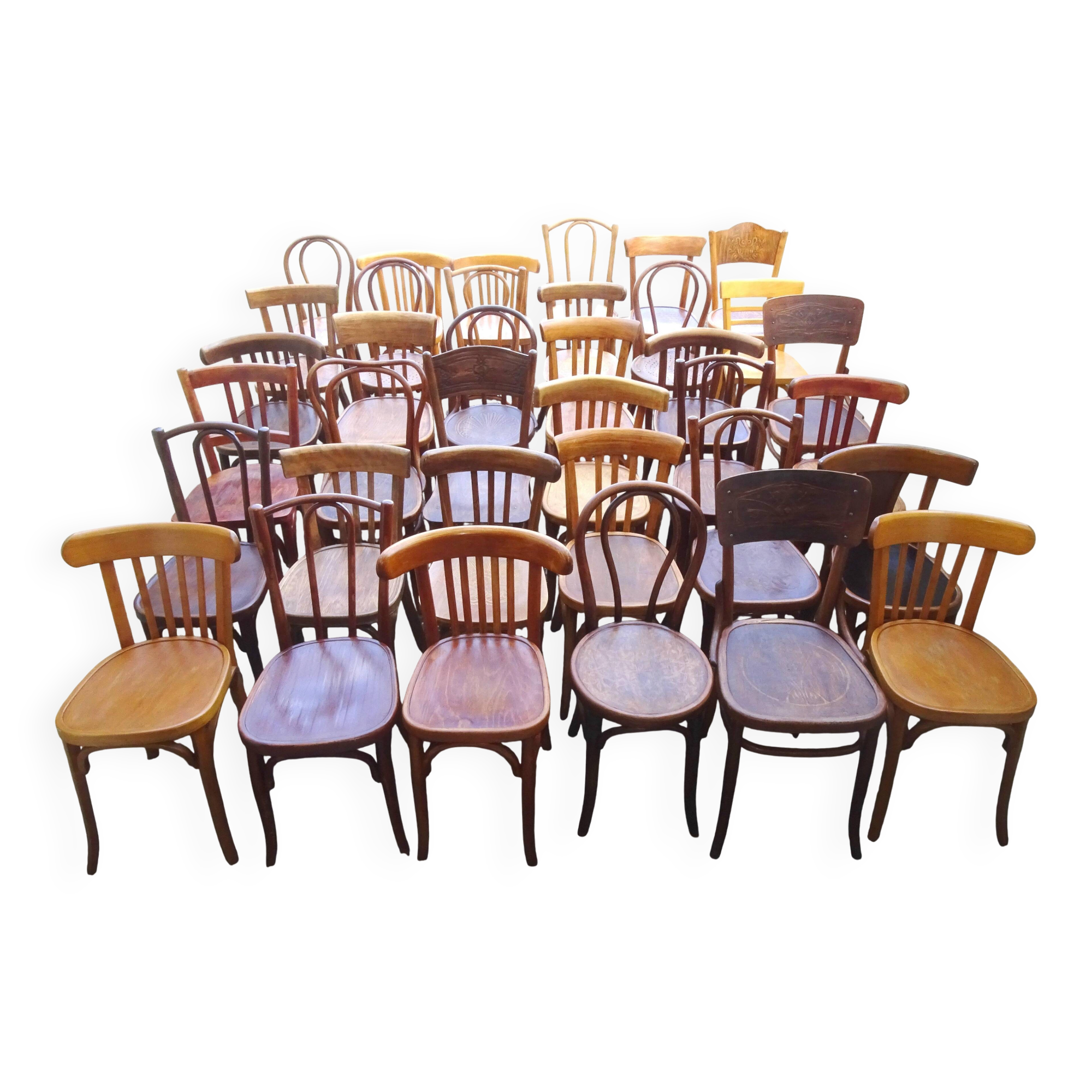 Set of 36 mismatched Bistrot chairs, 1920 to 1950, wooden seats.