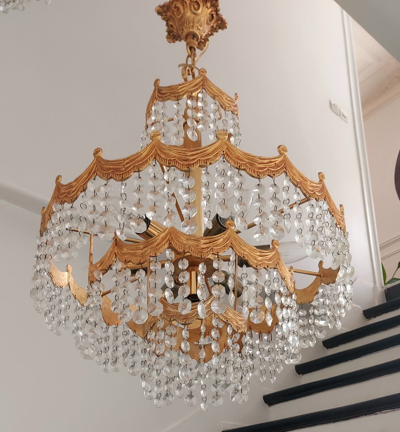 Post Art Deco 4-Tier Gold-Plated Brass & Crystal Chandelier – 1960s