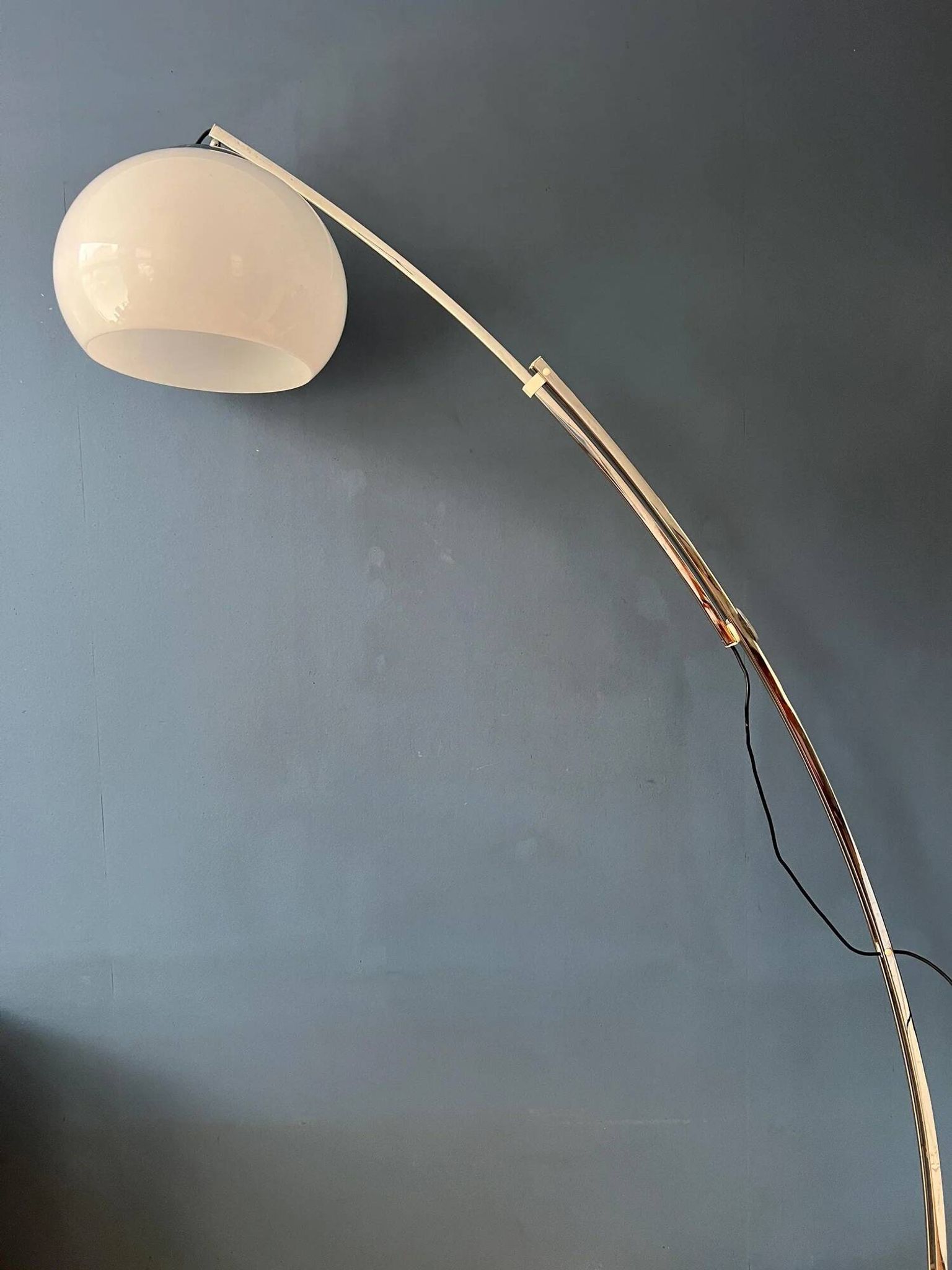Italian mid-century Goffredo Reggiani arc floor lamp with white plexiglass shade