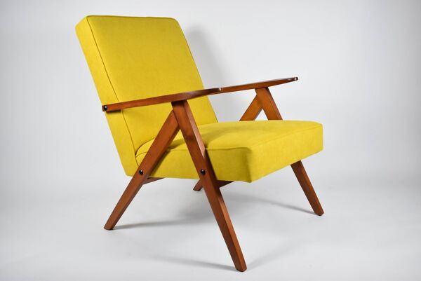 Fauteuil vintage original restauré des années 60, jaune, teck