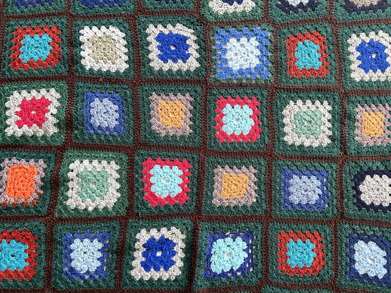 Plaid, sofa throw, crochet, handmade, vintage, 70s