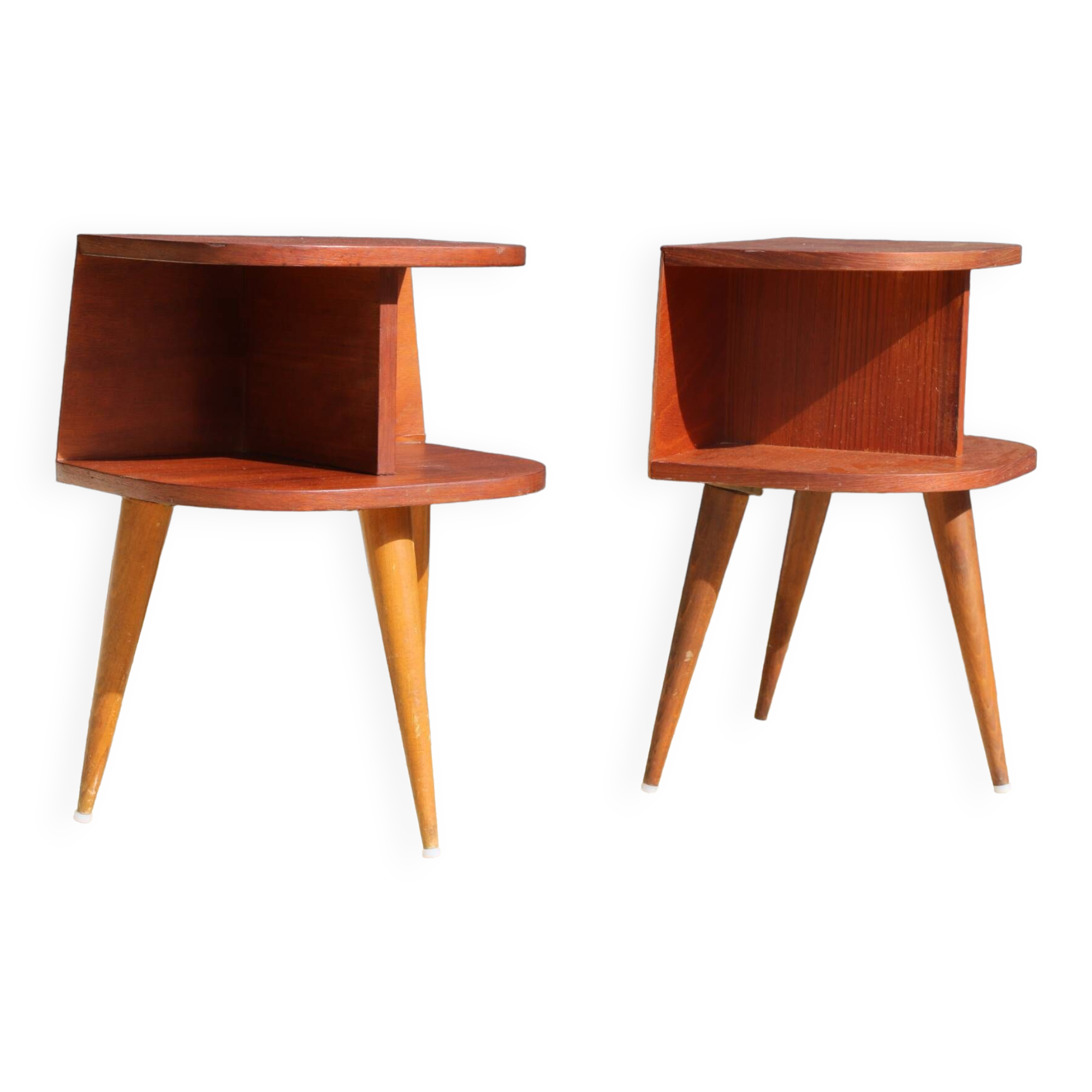Pair of oak veneered tripod bedside tables 1950