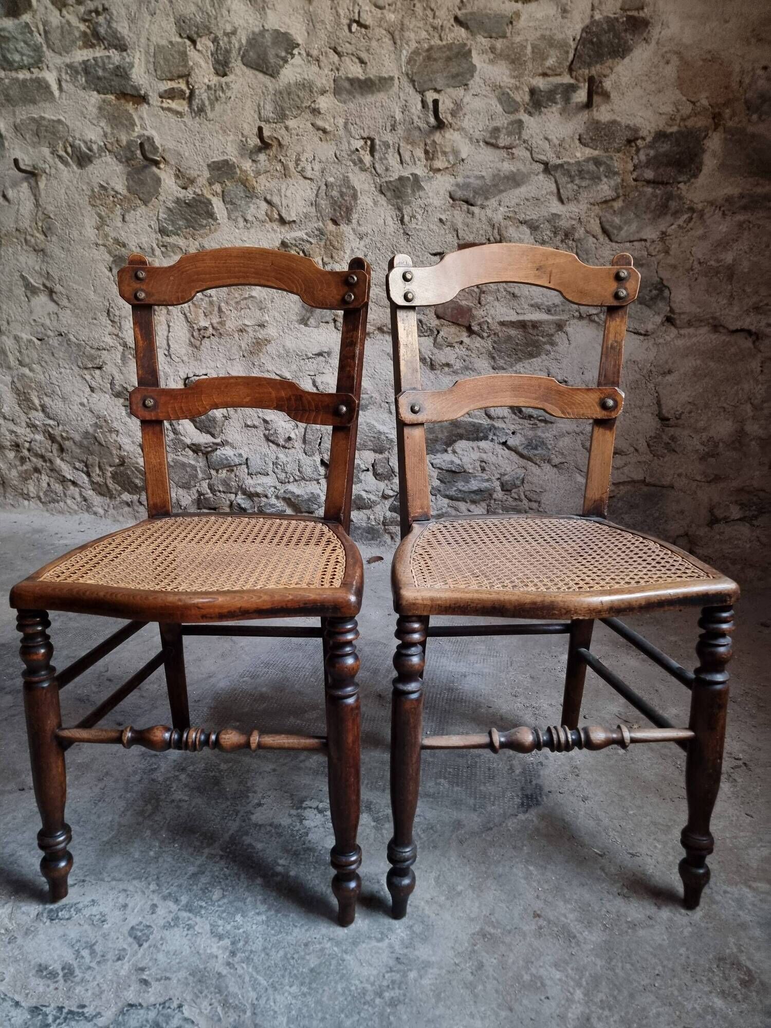 Set of 4 antique dining chairs with caned seats, beech, France, circa 1900–1920.