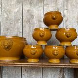 Antique Soup Tureen + 6 Onion Bowls Beige Ceramic Lion Head Vintage #B578