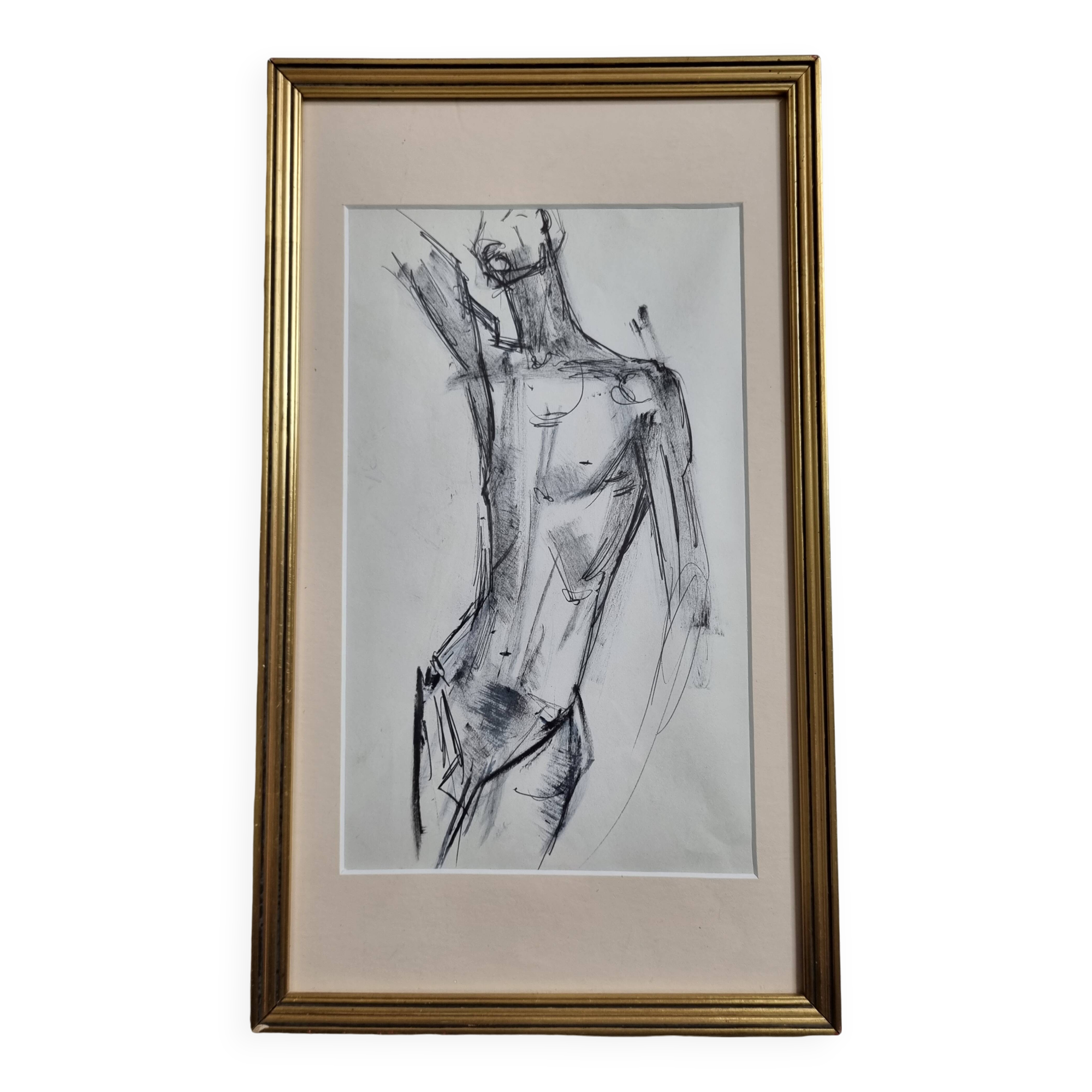 Charcoal study of a male nude, attributed to Maurice de Bus, gilded frame, 21 x 36 cm