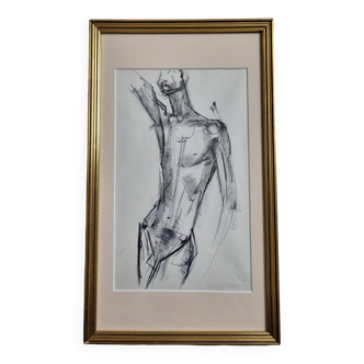 Charcoal study of a male nude, attributed to Maurice de Bus, gilded frame, 21 x 36 cm