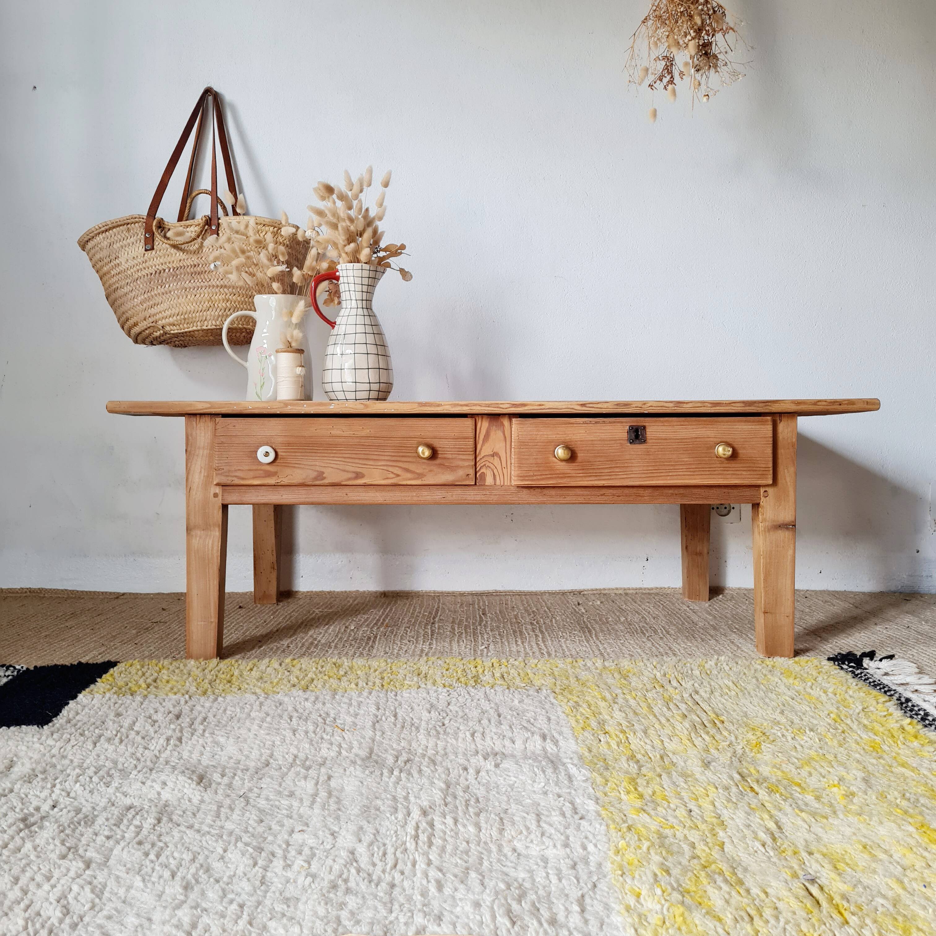 Table de ferme basse en bois 2 tiroirs