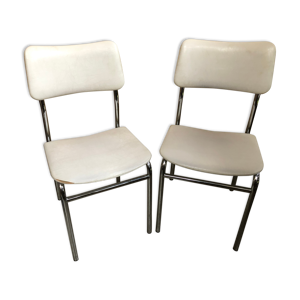 Paire de chaises anciennes métal chromé et skaï blanc années 70 vintage