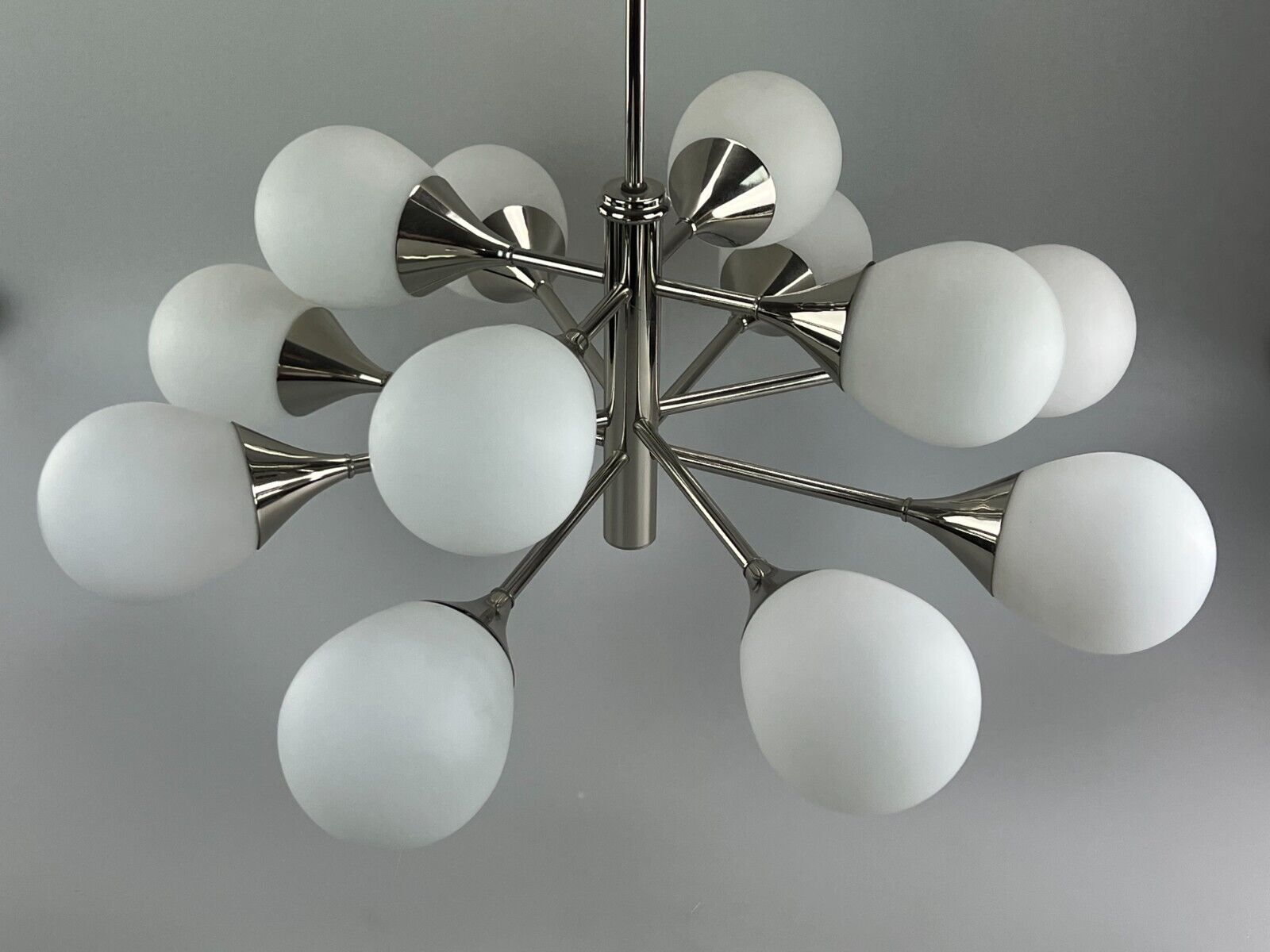 12-flame Sputnik chandelier from the 1960s and 1970s, Kaiser Leuchten, opal glass design