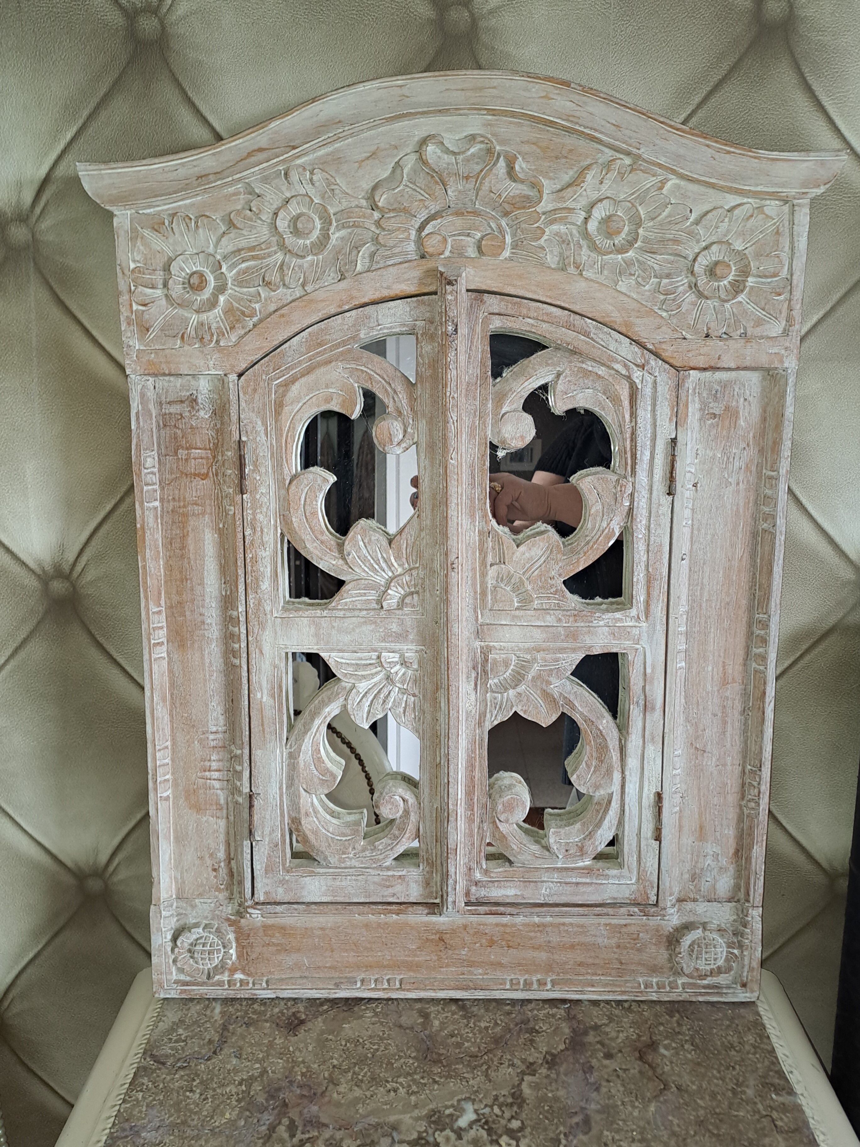 Carved white wood mirror 1990 decorative carved with opening shutters on a square mirror