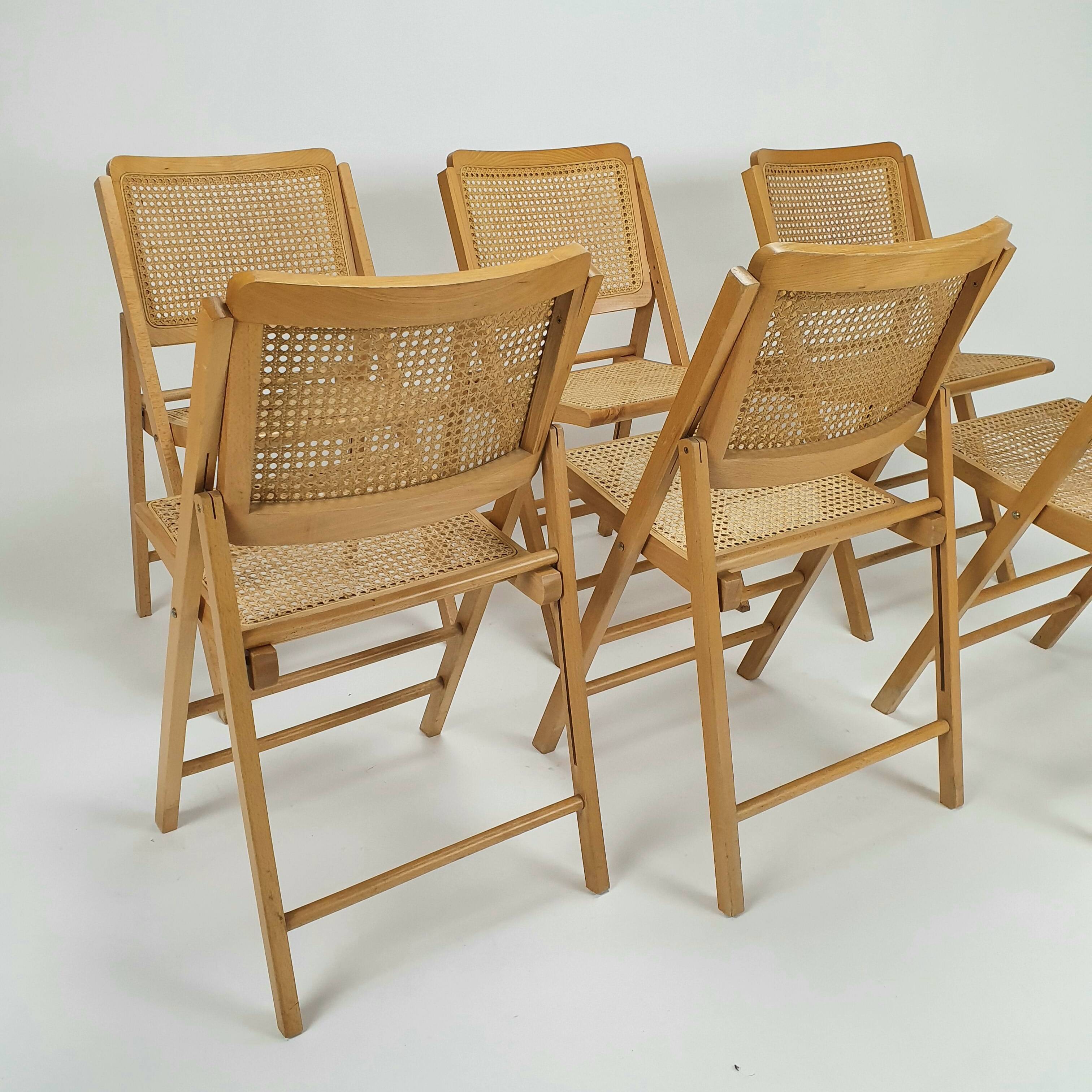 Set of 6 vintage birch and cane folding chairs, 1970s