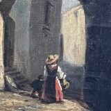 19th century painting, oil on canvas, interior decor of a lively village