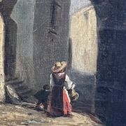 19th century painting, oil on canvas, interior decor of a lively village