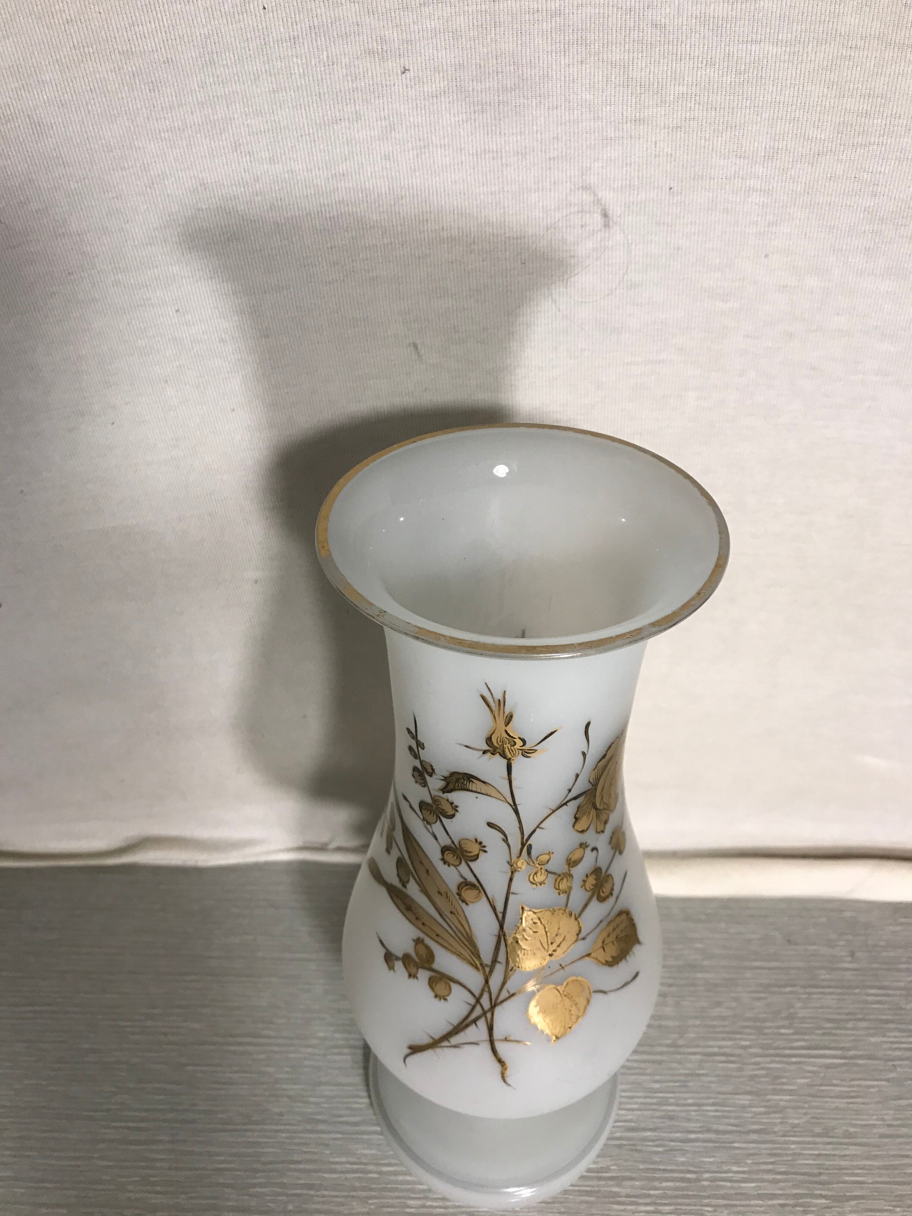 Ancient Glass Vase Opalin White - Drawing Golden Roses Form Vintage Cup