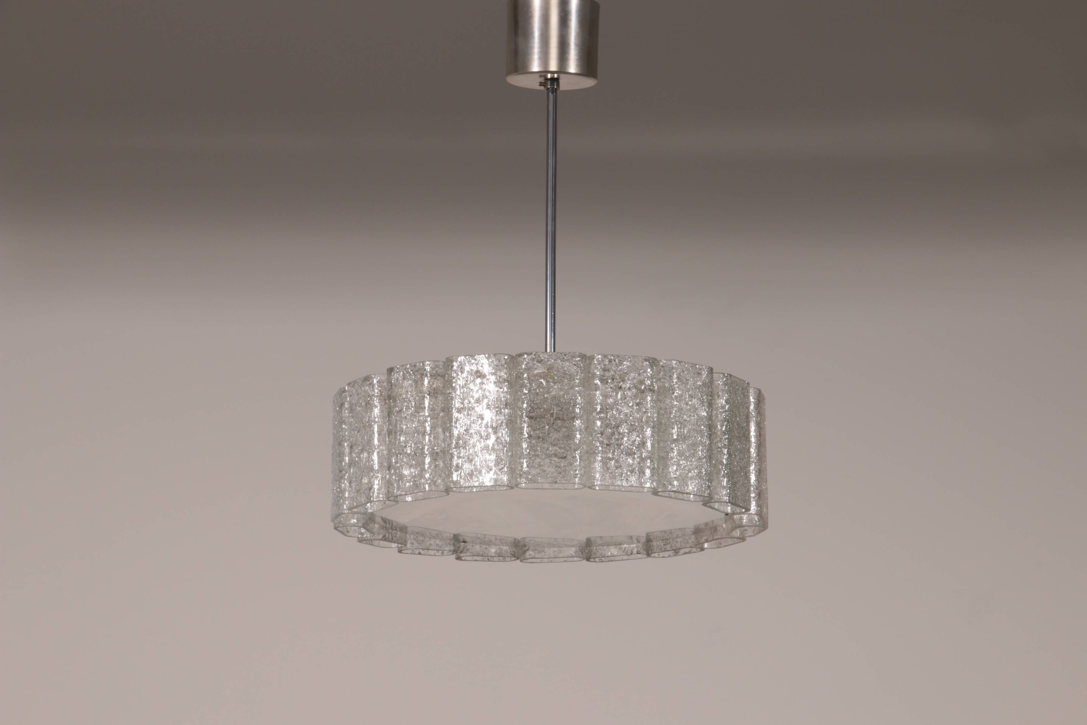 "Doria Leuchten Ice Glass Hanging Lamp with Relief Glass Cylinders, 1960s"
