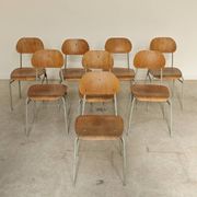 Set of 8 metal and wood school chairs  
Ex Czechoslovakia 1960