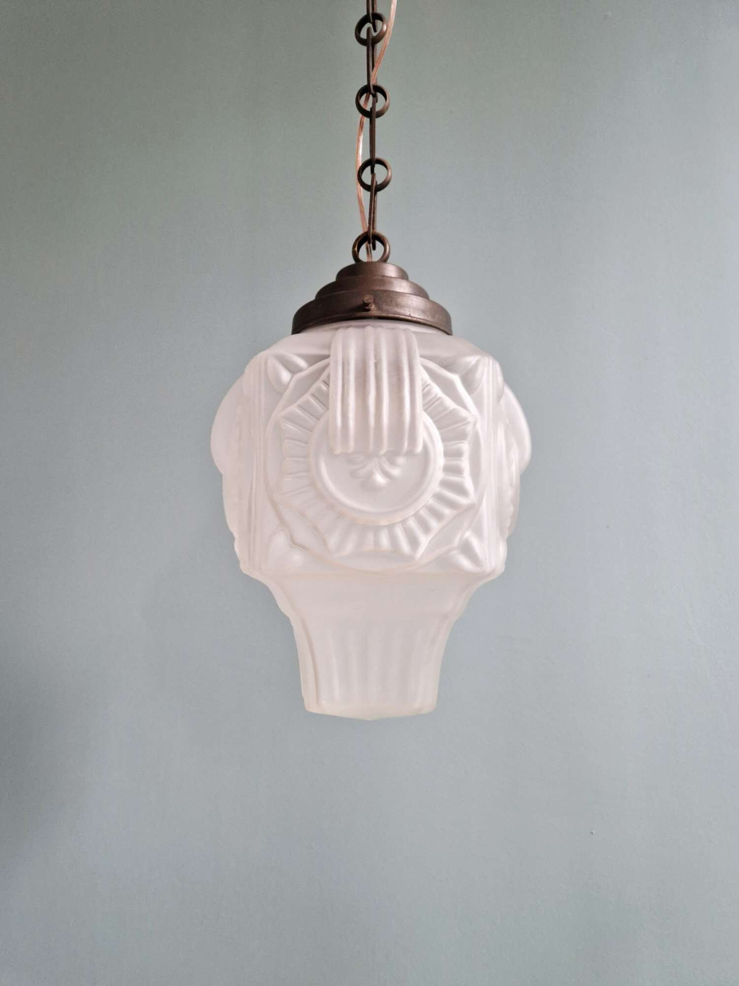 Art Deco suspension in frosted pressed moulded glass, 1920s-30s.