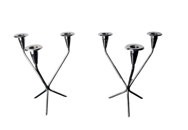 Pair of art deco stainless steel 3-flame candlesticks, Spain, 1970