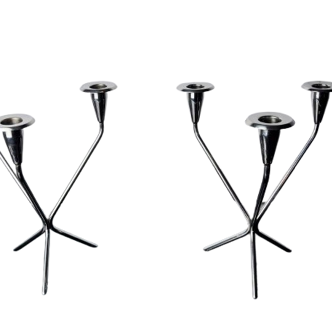 Pair of art deco stainless steel 3-flame candlesticks, Spain, 1970