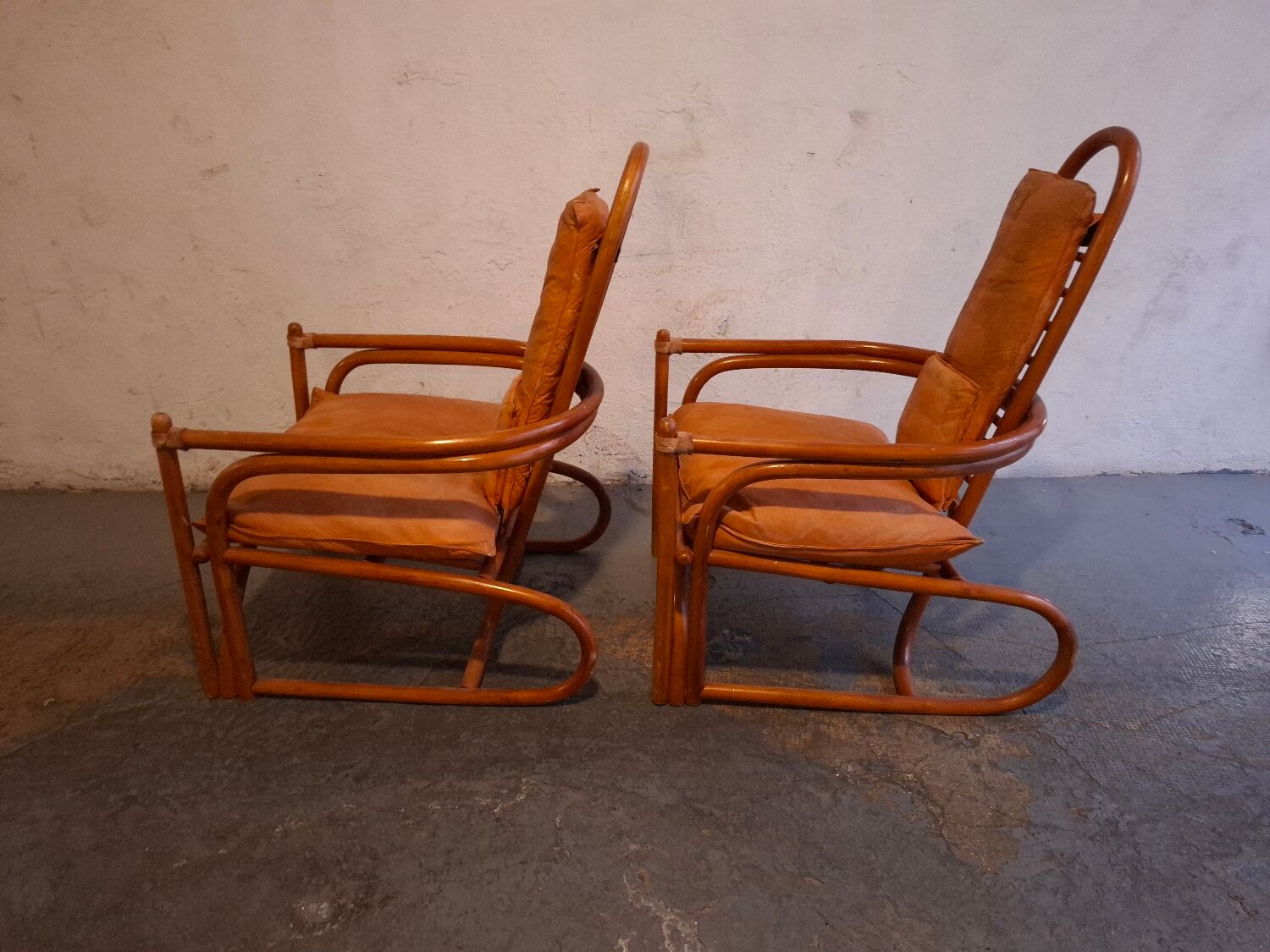 Set de fauteuils en bambou et cuir années 60'S