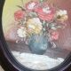 Small vintage oval painting – Raised bouquet of flowers – Retro burgundy frame