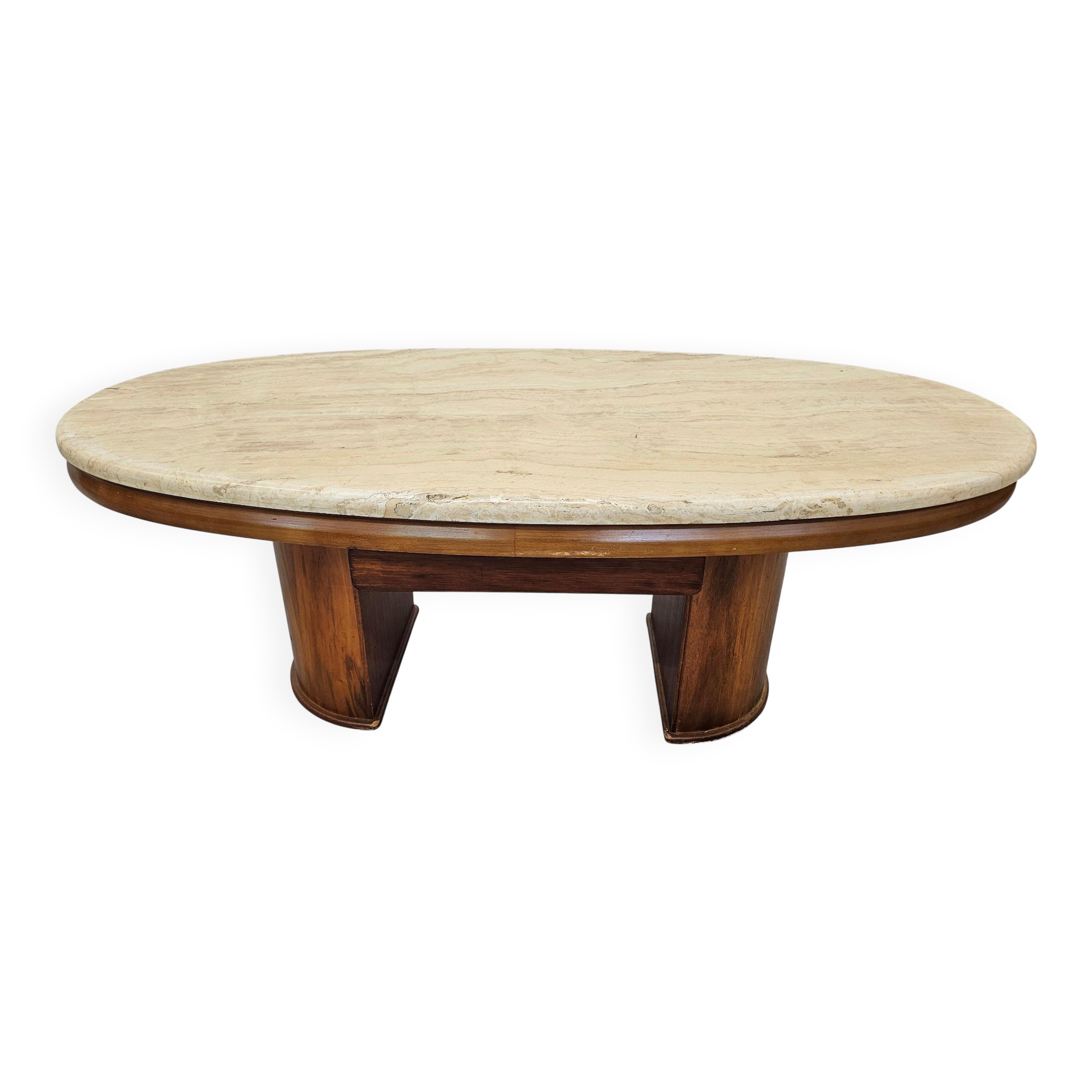 Mid-century coffee table in walnut with a travertine top.